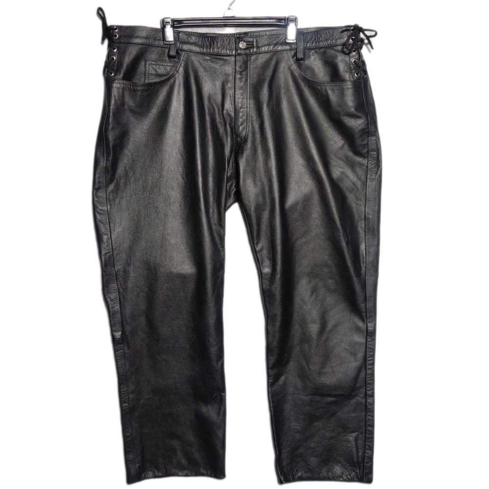 Vintage Genuine Leather Stacked Biker Pants Mens 44 Black Lace Up Side Detail